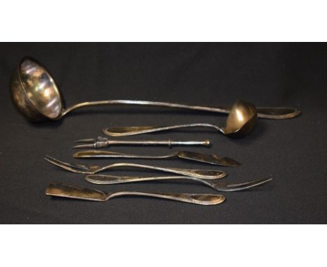 A German Kayser 90 silver plated soup ladle, a similar sauce ladle, two pairs of fish knives and forks; a similar pickle fork