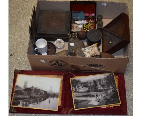 Boxes and Objects - a Georgian mahogany box; a Staffordshire ceramic whistle modelled as baby in shoe; a late 19th century pa