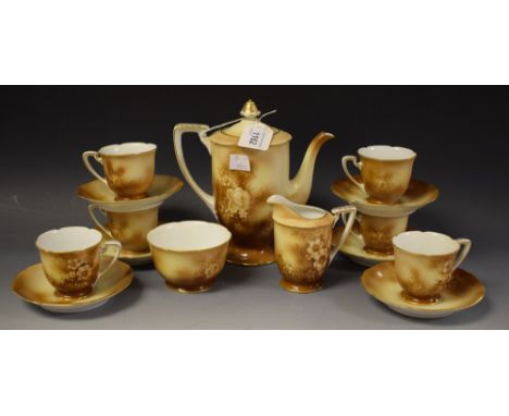 Ceramics - an early 20th century Noritake pottery six setting coffee service, hand painted with flowers in is sepia tone, gre