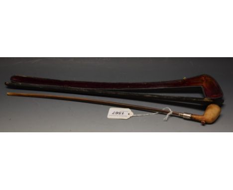 A 19th century church warden pipe, Meerschaum bowl, horn stem, silver-coloured metal ferule, 42cm long, cased en suite, c.188