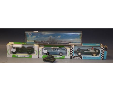 Model Cars - a Scalextric car, C/55 Vanwall, boxed; a Dinky tank; two modern Mobil collector's cars; KM Bismark model (5) 