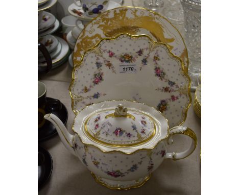 Royal Crown Derby - a Royal Antoinette teapot; a Royal Antoinette 26cm; a Gold Aves 26cm plate, first quality (3)