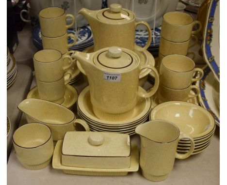 Poole Pottery - pale yellow speckled glaze; five coffee cups; six saucers; five teacups; six saucers; six soup bowls; six des