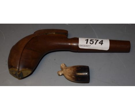 A 19th century fruitwood clay pipe case, quite plain, brass hinged, 15cm long 