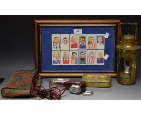Boxes and Objects - a brass cylindrical oil lantern with turned wood handle; a brass Princess Mary Christmas 1914 Gift Fund b