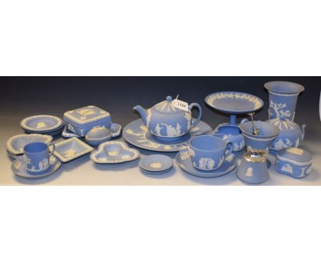 Wedgwood pale blue Jasper ware, including comport, trinket dishes, boxes, vase, lighter, teaset, etc., quantity