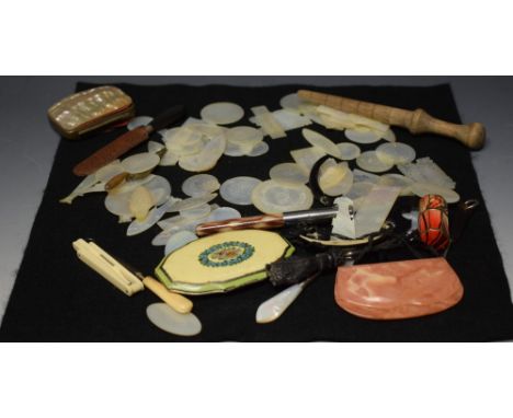 Ladies Accessories - an unusual carved button hook, owl finial;  a trowl bookmark;  bodkin case;  mother-of-pearl counters;  