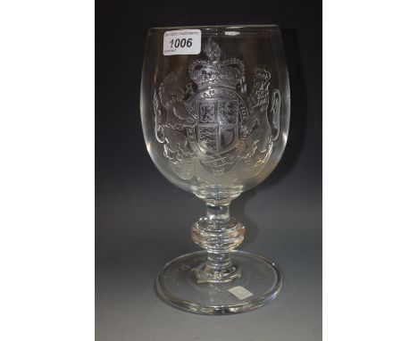  A large Tutbury commemorative goblet, engraved with crest, the verso Elizabeth R 1953, central double knopped, the circular 