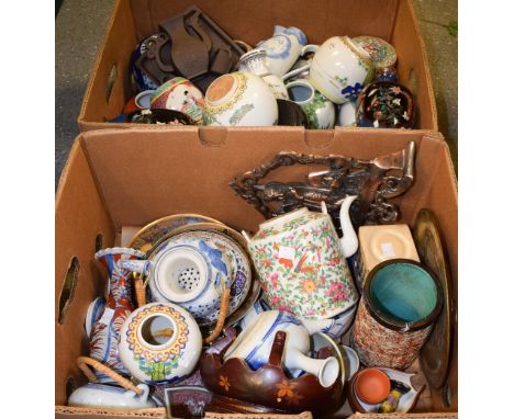 Chinese Ceramics - a Cantonese famile vert cylindrical canister and cover;  tea pot, Satsuma plates, pair of cloissone enamel