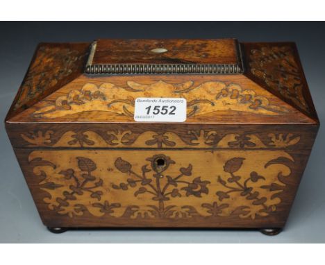 A post Regency rosewood and marquetry sarcophagus tea caddy, hinged cover enclosing two divisions, bun feet, c.1830