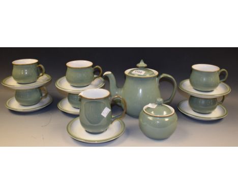 Denby Regency Green tea service comprising six cups and saucers, tea pot, sucrier, milk jug 