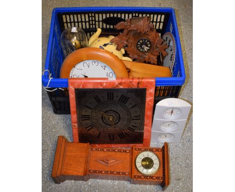 Clocks - a wooden cuckoo clock; a miniature oak cased longcase clock, mechanical movement; a pine pendulum kitchen clock; a T