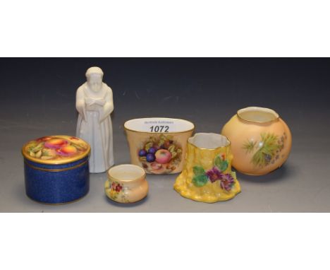 A Royal Worcester blush ivory globular vase, G161;   a Royal Worcester candlesnuffer, Monk, in the white;   a Royal Worcester