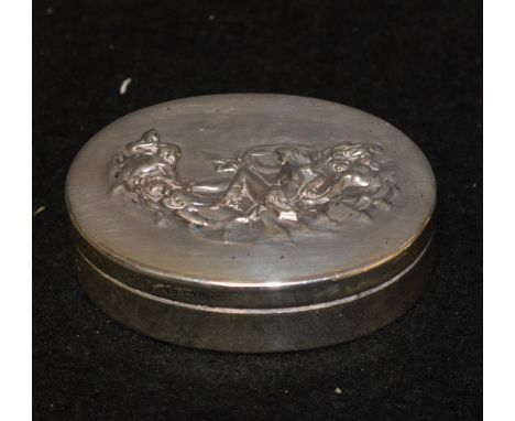 An oval silver pill/snuff box, cast classical decoration,London 1928 