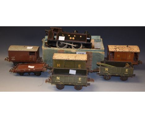 Model Railway - a Bassett Lowke Ltd, scale model four coupled Tank Loco, O gauge boxed; with tender and wagons 