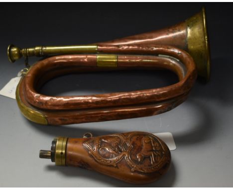 A military bugle, Henry Keats and Sons; a 19th century copper powder flask