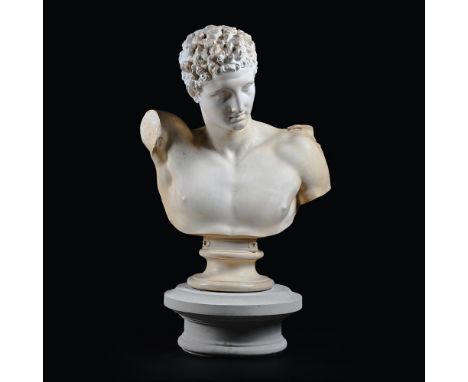 A PAINTED PLASTER BUST OF HERMES  20TH CENTURY  80cm high, 60cm wide, base 26cm diameter  Condition Report:  PLEASE NOTE: ALL