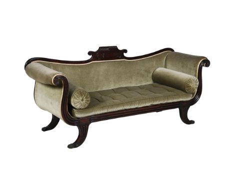 Y  A REGENCY CARVED SIMULATED ROSEWOOD AND UPHOLSTERED SOFA IN THE MANNER OF GILLOWS, CIRCA 1820 approximately 92cm high, 210