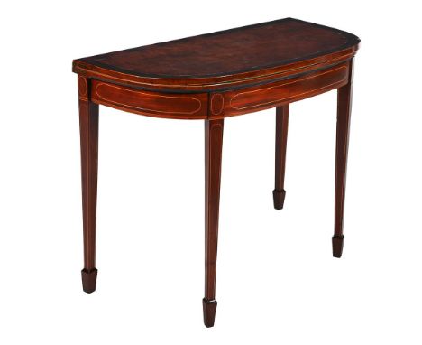 Y A GEORGE III BURRWOOD, MAHOGANY, INLAID, AND CROSSBANDED CARD TABLE  CIRCA 1800 The rosewood crossbanded burrwood top enclo