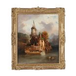 ENGLISH SCHOOL (19TH CENTURY), BUILDINGS BY A LAKE WITH A WINDMILL