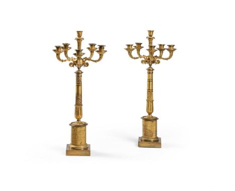 A PAIR OF ORMOLU FIVE-LIGHT CANDELABRA FRENCH, SECOND EMPIRE, 19TH CENTURY  63cm high, base 12cm square Condition Report:  PL