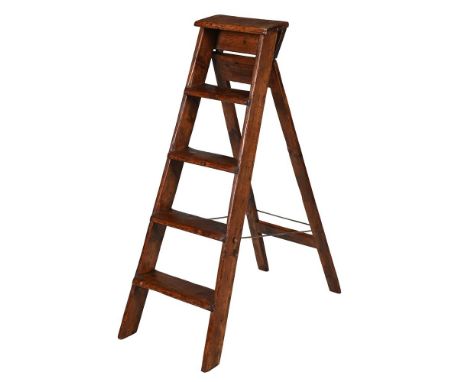 A FLIGHT OF PINE HOUSE-KEEPER'S STEPS  CIRCA 1900 Of 'A' frame design, with flat top above four further steps 120cm high, 35c
