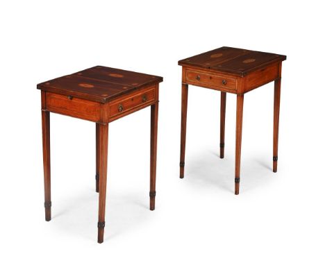 A PAIR OF MAHOGANY AND INLAID CARD TABLES  CIRCA 1900 Each with a pair of hinged flaps to the tops enclosing the baize playin