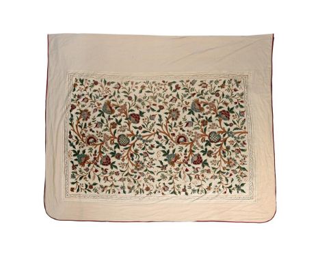 A VERY LARGE CREWELWORK EMBROIDERED TEXTILE THROW  fully lined overall approximately 295cm x 325cm (including foldover sectio