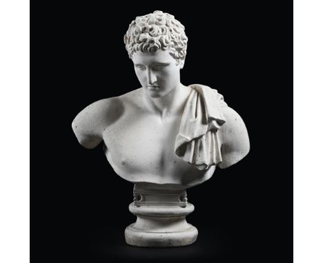 A PAINTED STONE COMPOSITION BUST AFTER FARNESE HERMES 20TH CENTURY  80cm high, 58cm wide, base 24cm diameter   Condition Repo