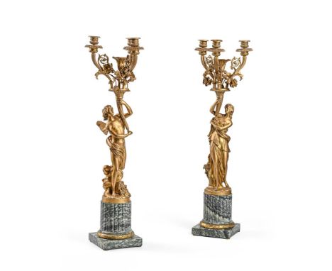 A PAIR OF LARGE SATIN ORMOLU AND MARBLE THREE-LIGHT CANDELABRA  FRENCH, BELLE EPOQUE PERIOD With classical figures 78.5cm hig