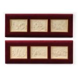 A PAIR OF VELVET FRAMED PANELS OF THREE IVORINE BACCHIC PANELS, MODERN
