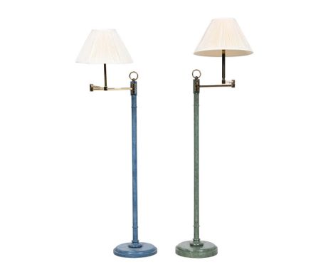 A PAIR OF PAINTED WOOD AND BRASS ADJUSTABLE STANDARD LAMPS CONTEMPORARY With adjustable pivoting arms, painted blue and green
