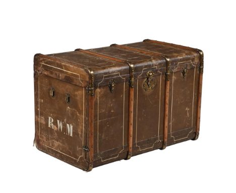 A PAINTED CANVAS AND BENTWOOD BOUND TRAVELLING TRUNK EARLY 20TH CENTURY hinged lid enclosing three drawers with makers marks 