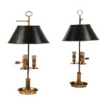 A PAIR OF BOUILLOTTE LAMPS WITH TOLE PEINTE SHADE, 19TH CENTURY AND LATER ADAPTED