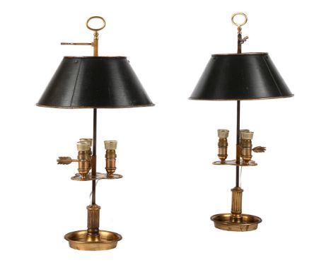 A PAIR OF BOUILLOTTE LAMPS WITH TOLE PEINTE SHADES LATE 19TH CENTURY AND LATER ADAPTED approximately 55cm high, 26cm diameter