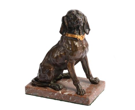 AN ANIMALIER BRONZE INKWELL FORMED AS A SEATED DOG  LATE 19TH CENTURY  Pink marble base  19cm high overall, base 14.5 by 9cm 