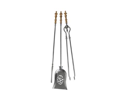 A SET OF THREE VICTORIAN POLISHED STEEL AND BRONZE HANDLED FIRE TOOLS  CIRCA 1860  Comprising shovel, tongs, and poker, each 