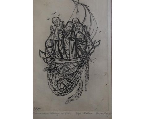 R Van Royen, (20th century), a print, The Wonderful Draught of Fishes, signed and dated (19)50, 18 x 10cm, mounted framed and