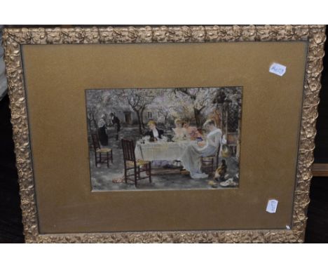 (19th century), a heightened print, garden party, 18 x 24cm, mounted, foliate framed and glazed, 39 x 48cm