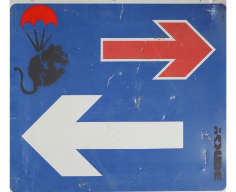 Banksy Parachuting Rat Road sign Stencil and paintings representing a black rat in a red parachute Signed"Banksy"Sizes: L=845