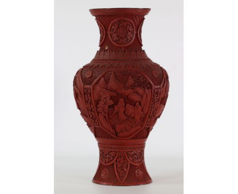 China cinnabar red lacquer vase with Qing period figuresRegion: CHINASizes: H=375mm D=220mmWeight (K): 1,62kgCondition: at fi