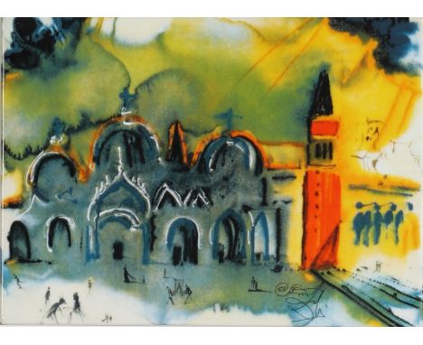 Salvador Dali St Mark's Square in Venice Circa 1980 Hand painted porcelain plaque Signed on the front"Dali"Sizes: Cadre L=635