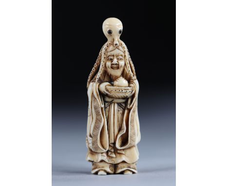 Netsuke carved - a woman wearing an octopus. Japan Meiji period around 1900Region: JAPANSizes: H=83mm L=30mmWeight (K): 0,028