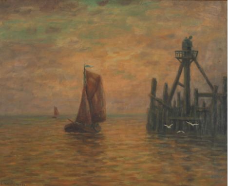 Leon VALCKENAERE (1853-1926) oil"boats in the North Sea"Sizes: Cadre L=550mm l=460mm Peinture L=470mm l=380mmWeight (K): 1,25