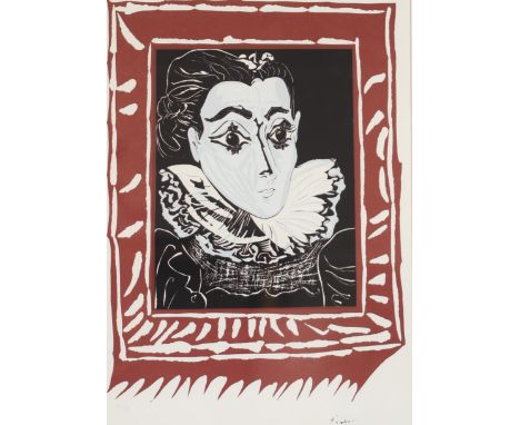 Pablo PICASSO after femme a la fraise 1963 Color linocut signed in the plate.Sizes: Cadre H=825mm L=630mm Gravure H=570mm L=4