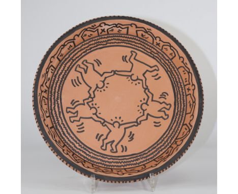 Keith Haring Untitled 1988 Black paint on terracotta bowl Hand signed in felt-tip pen"K.Haring"Sizes: D=315mmWeight (K): 1,58