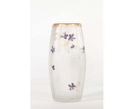Montjoie vase cleared with acid decorated with violetsSizes: H=245mm D=110mm Col D=90mmWeight (K): 1,03kgCondition: at first 
