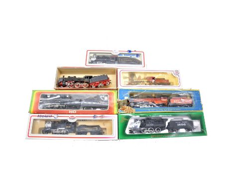 Seven HO gauge model railway steam locomotives, including Bachmann CPRR 4-4-0 'Jupiter' locomotive and tender, tender missing