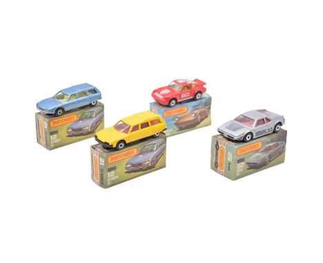 Matchbox Toys die-cast models, four Superfast including (x2) Citroen CX, yellow blackback and blue bodies; 3 Porsche Turbo, r