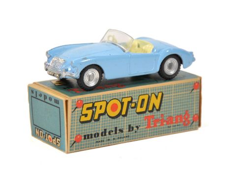 Tri-ang Spot-on Toy model, 104 MG A, light blue body, boxed with paperwork.